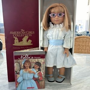 American Girl Doll Nellie with book and box with extra outfit